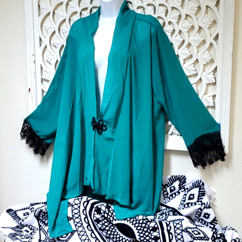 Emerald Green Chiffon Kimono NWOT Upcycled Lingerie Robe Black…
